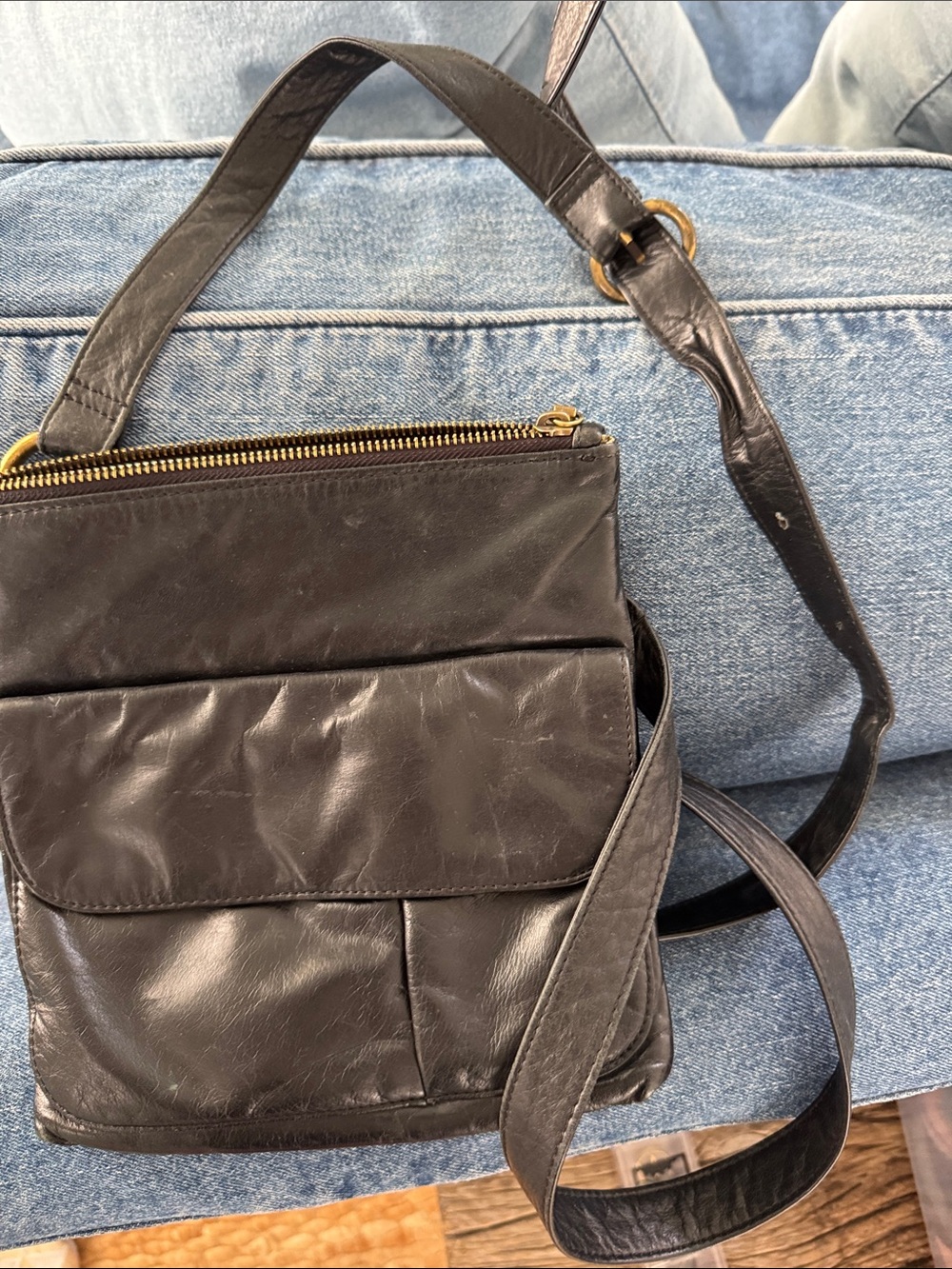 HOBO Black Leather Crossbody with Gold-Tone Hardware
